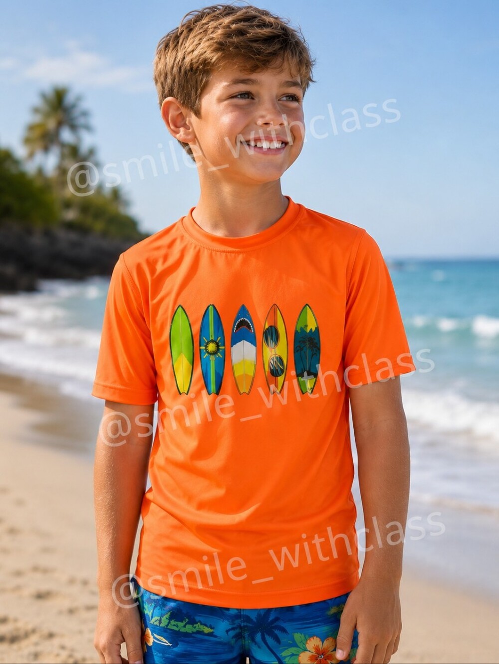 Wonder Nation Boys Orange Surfboard Rash Guard Swim Shirt Size M (8)